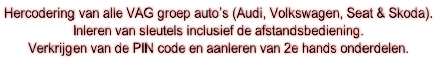 Hercodering van alle VAG groep auto’s (Audi, Volkswagen, Seat & Skoda). Inleren van sleutels inclusief de afstandsbediening. Verkrijgen van de PIN code en aanleren van 2e hands onderdelen.